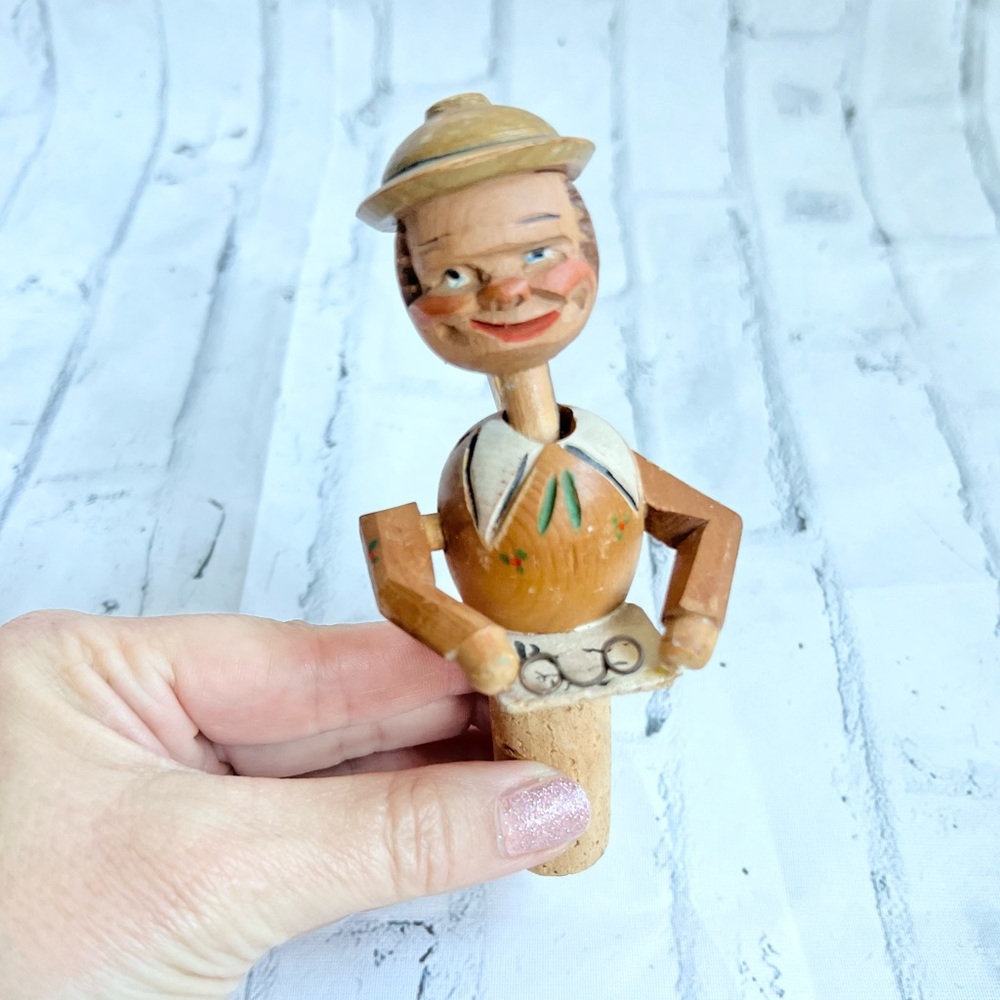 Vintage mechanical hand carved little man bottle stopper made in Italy